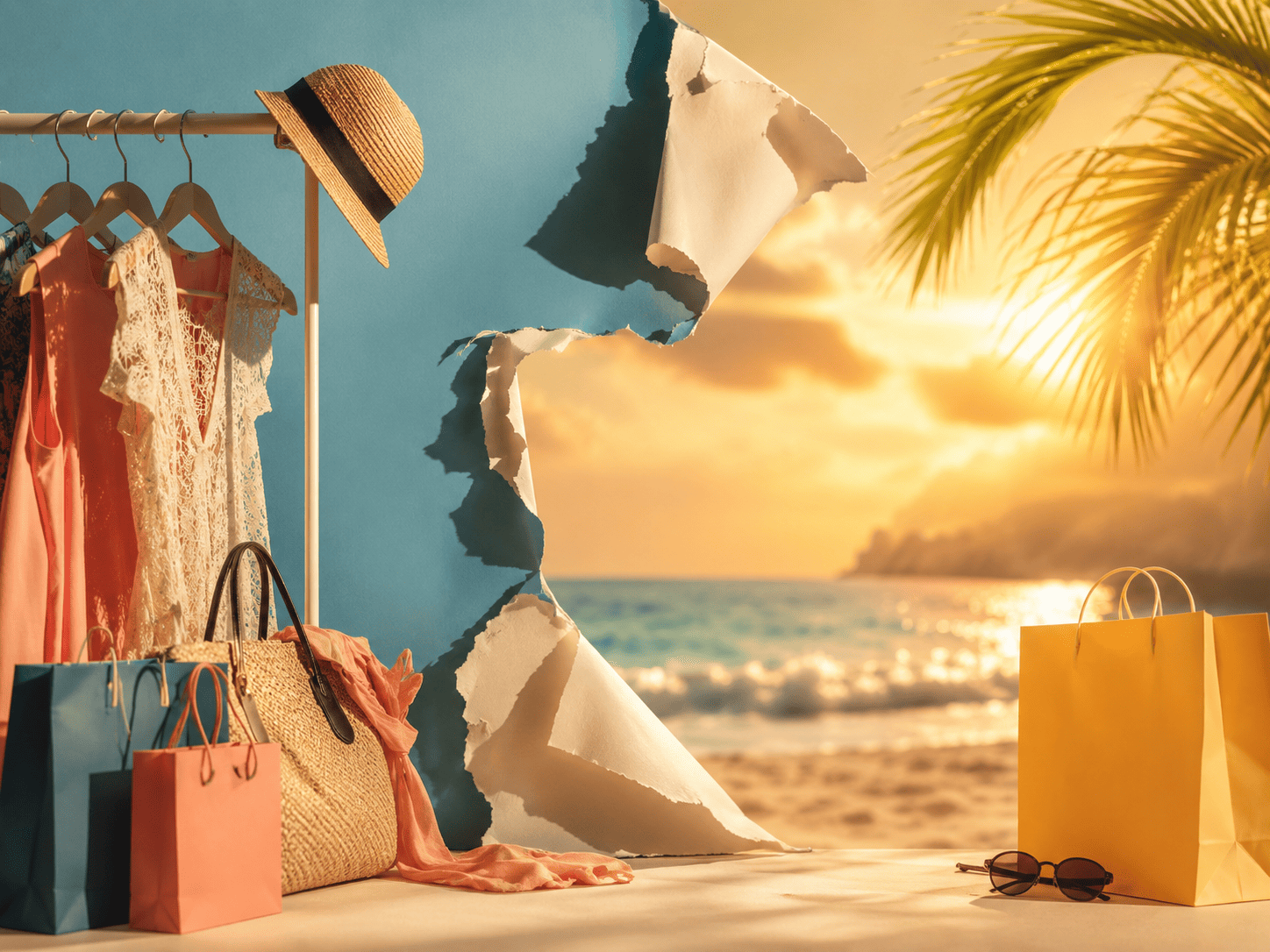 Escena de verano con ropa de rebajas, bolsas de compras y playa al atardecer