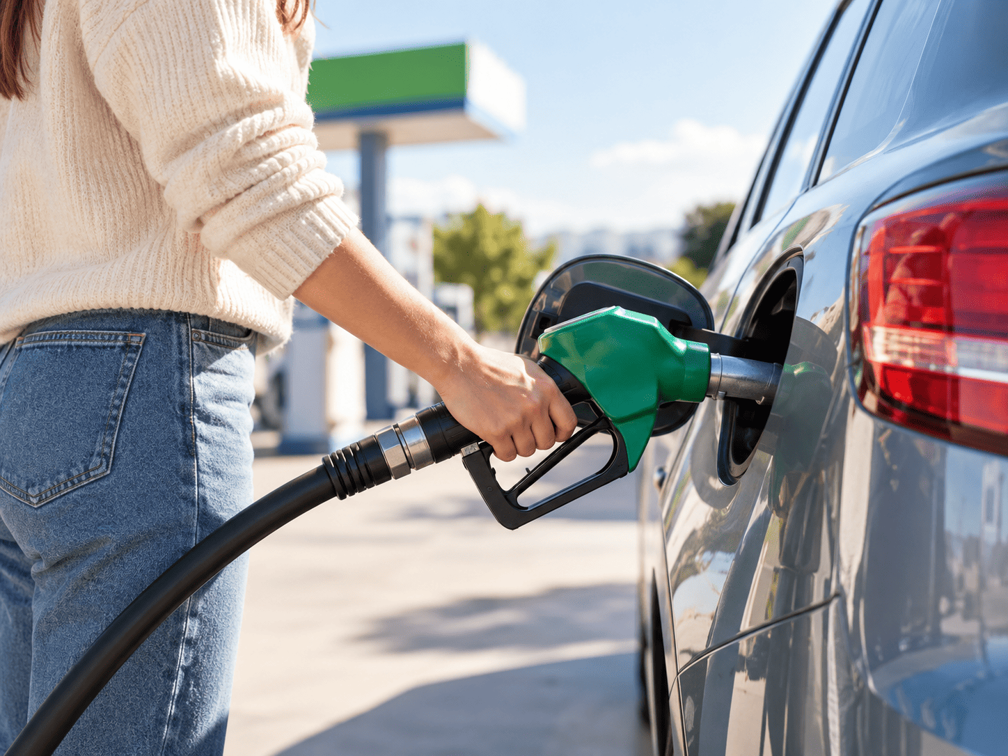 Persona repostando gasolina en una gasolinera para ahorrar combustible y reducir el gasto del coche.