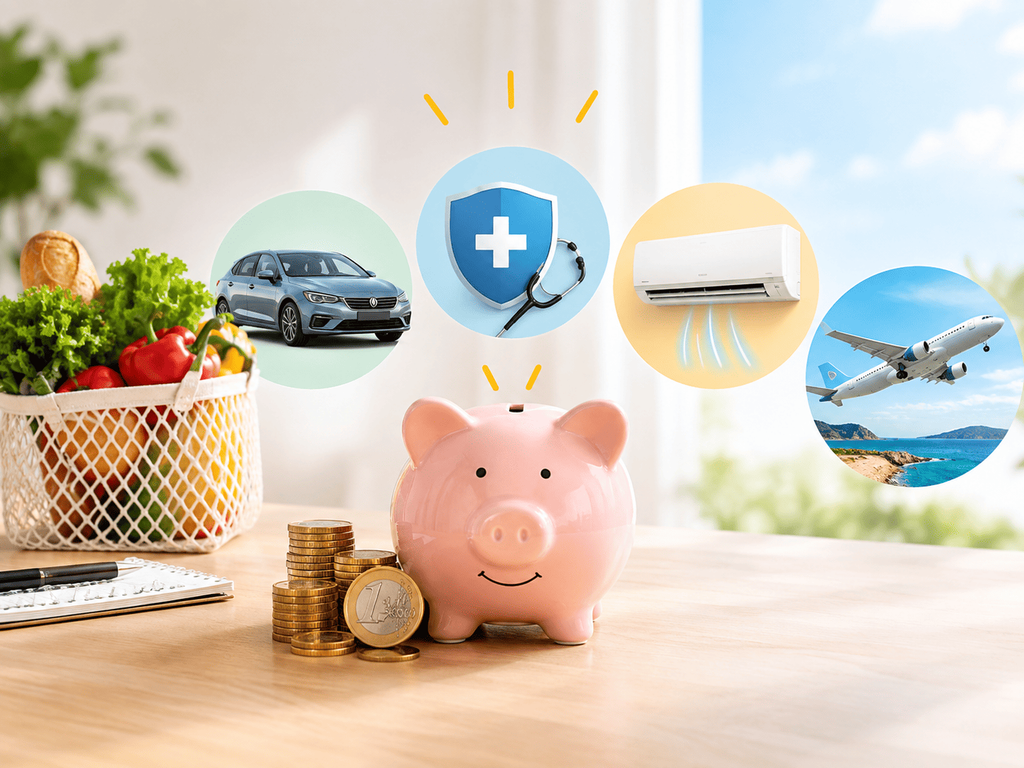 Hucha con monedas rodeada de elementos relacionados con el ahorro en viajes, seguros, energía, coche y alimentación.
