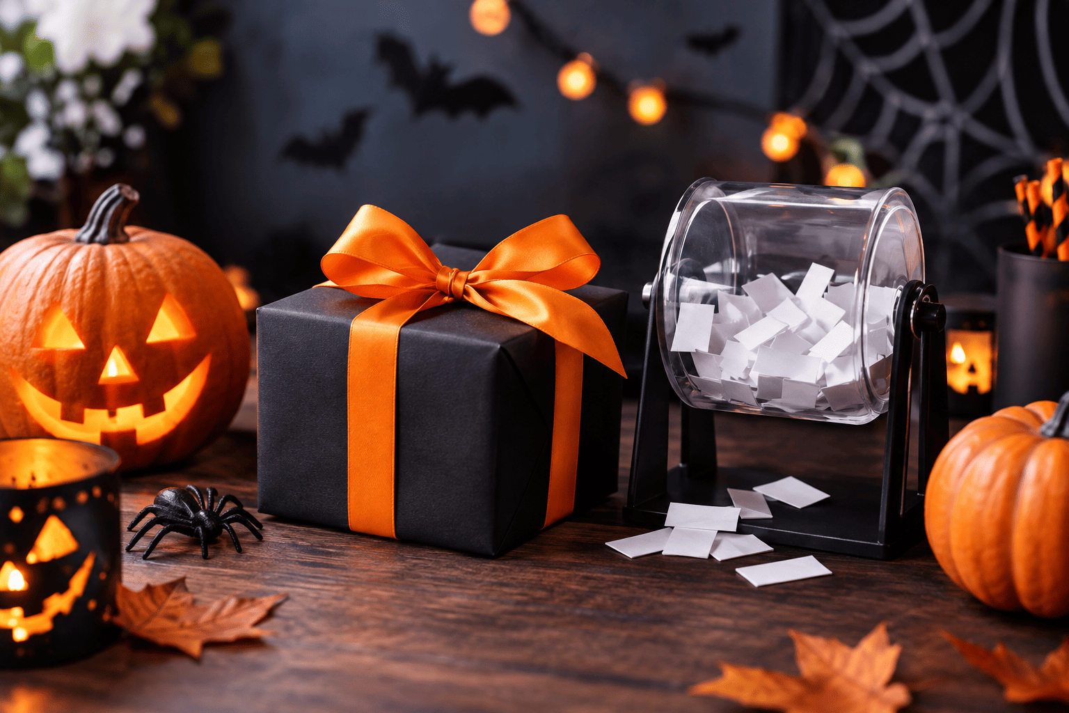 Sorteos y promociones de Halloween con regalos, calabazas y decoración temática